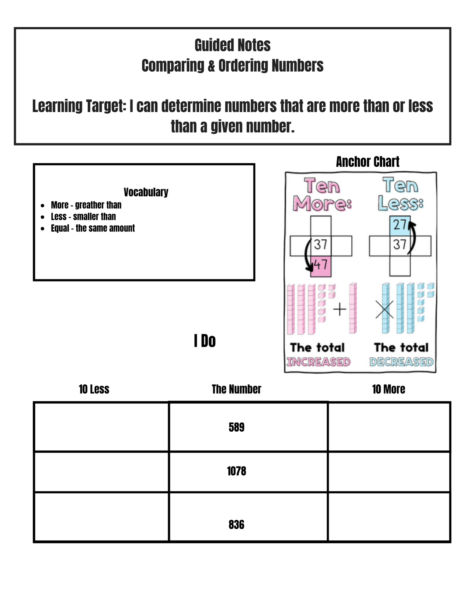 2nd Grade Number Sense Guided Notes